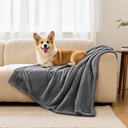PAWLORAK Waterproof Bed Blanket Washable, Soft Sherpa Fleece Puppy Reversible Throw Blankets for Small, Medium Dog Cat, Furniture Cover Protector Couch from Liquid Pee and Pet Fur,Light Grey,57" x 40"