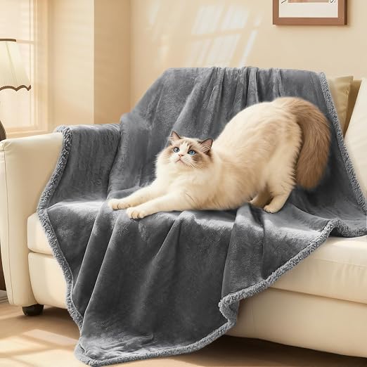 PAWLORAK Waterproof Bed Blanket Washable, Soft Sherpa Fleece Puppy Reversible Throw Blankets for Small, Medium Dog Cat, Furniture Cover Protector Couch from Liquid Pee and Pet Fur,Light Grey,57" x 40"