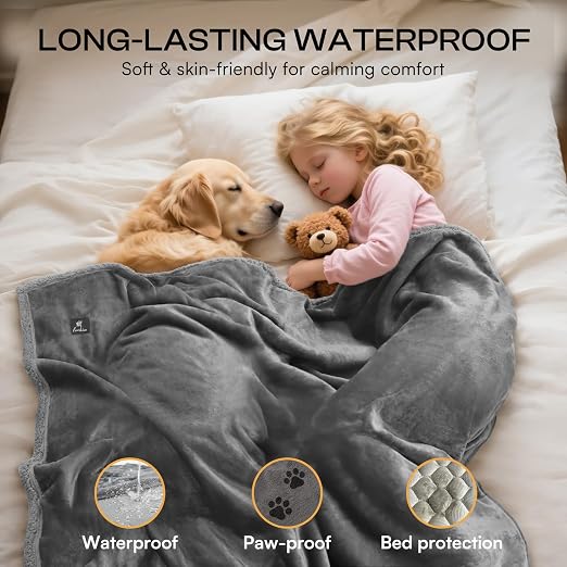 PAWLORAK Waterproof Bed Blanket Washable, Soft Sherpa Fleece Puppy Reversible Throw Blankets for Small, Medium Dog Cat, Furniture Cover Protector Couch from Liquid Pee and Pet Fur,Light Grey,57" x 40"