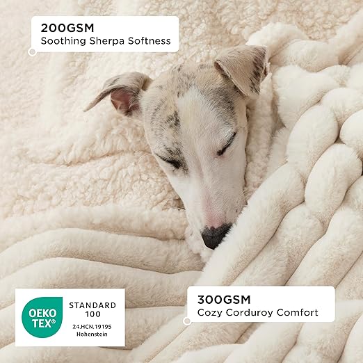 PAWLORAK ComfyFleece™ Waterproof Dog Blankets for Large Dogs - Soft Pet Cat Blanket Corduroy Fleece for Bed Protector Washable, Cozy Calming Reversible Furniture Protection,60"x80", Cream