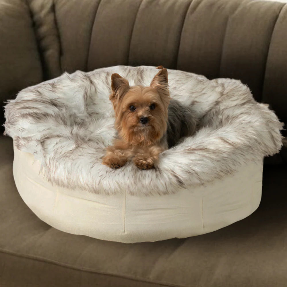PAWLORAK  Faux Fur Donut Dog Bed - White with Brown Accents
