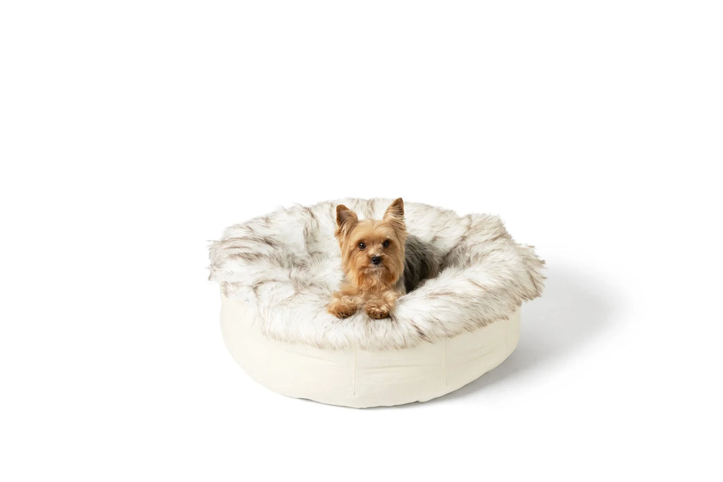 PAWLORAK  Faux Fur Donut Dog Bed - White with Brown Accents