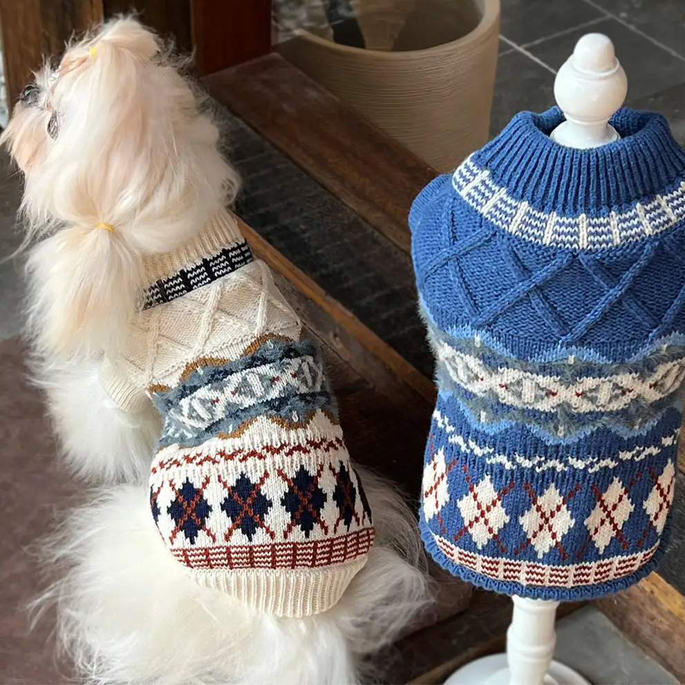 PAWLORAK  Knitted Fair Isle Diamond Dog Sweater