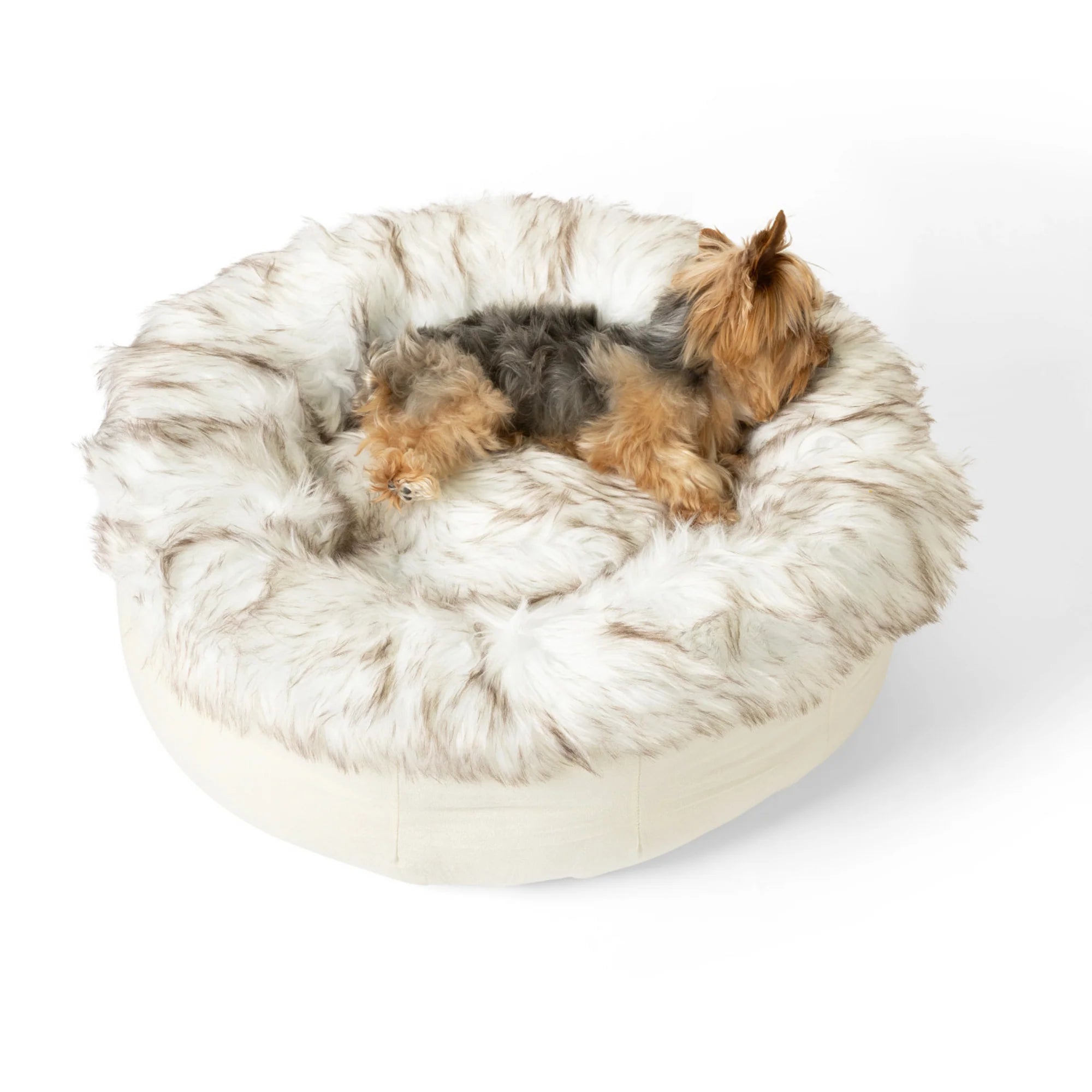 PAWLORAK  Faux Fur Donut Dog Bed - White with Brown Accents