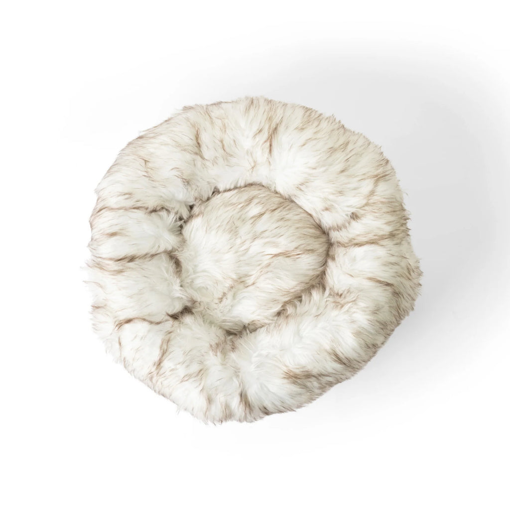 PAWLORAK  Faux Fur Donut Dog Bed - White with Brown Accents